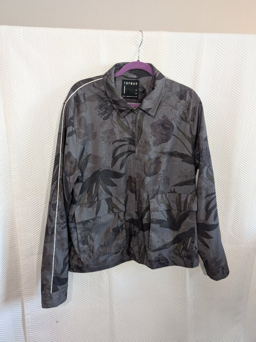 Topman Harrington Jacket Grey Floral Tulip Print White Side Stripe Zip Up XL